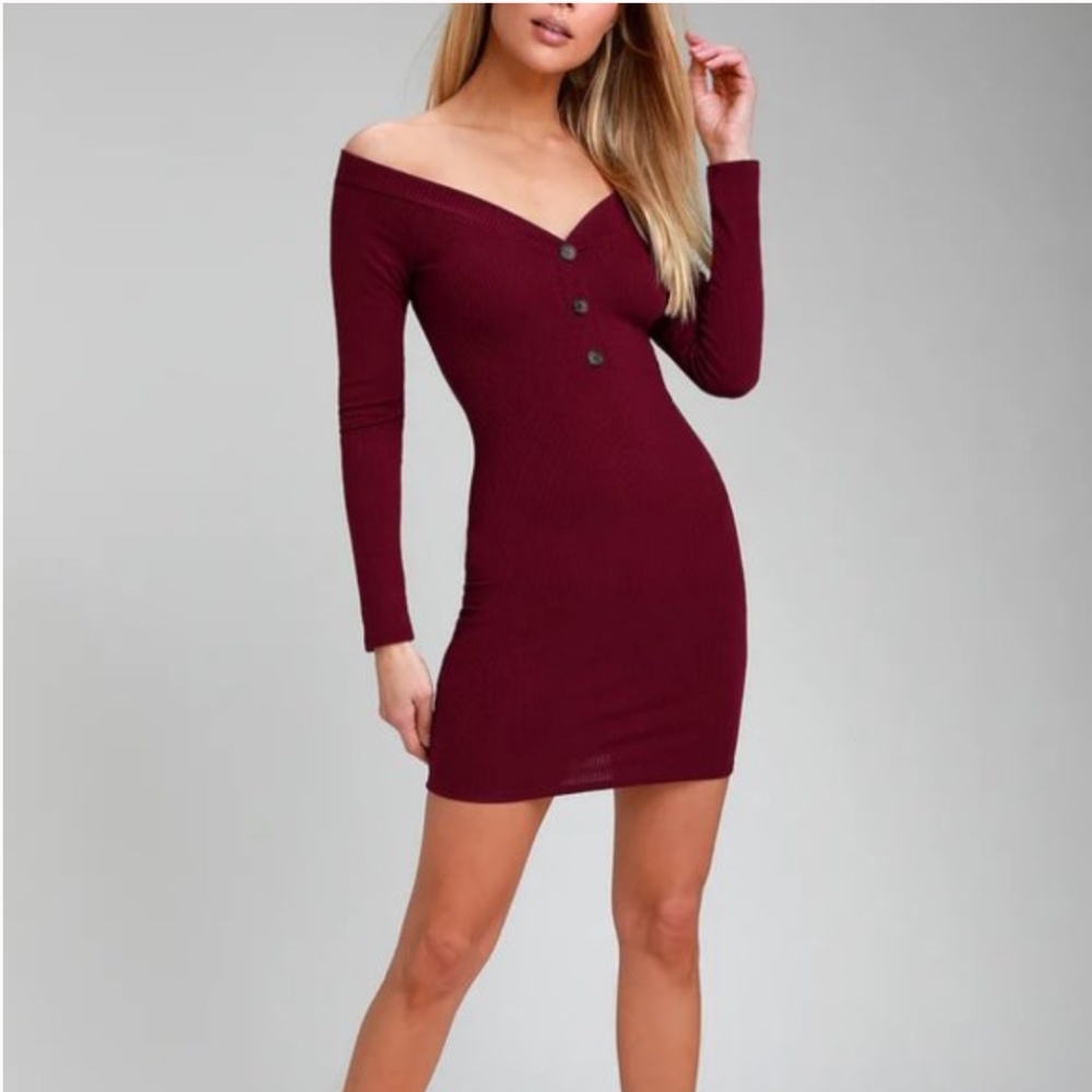 Lulu's Avina Burgundy Off Shoulder Bodycon Dress S
